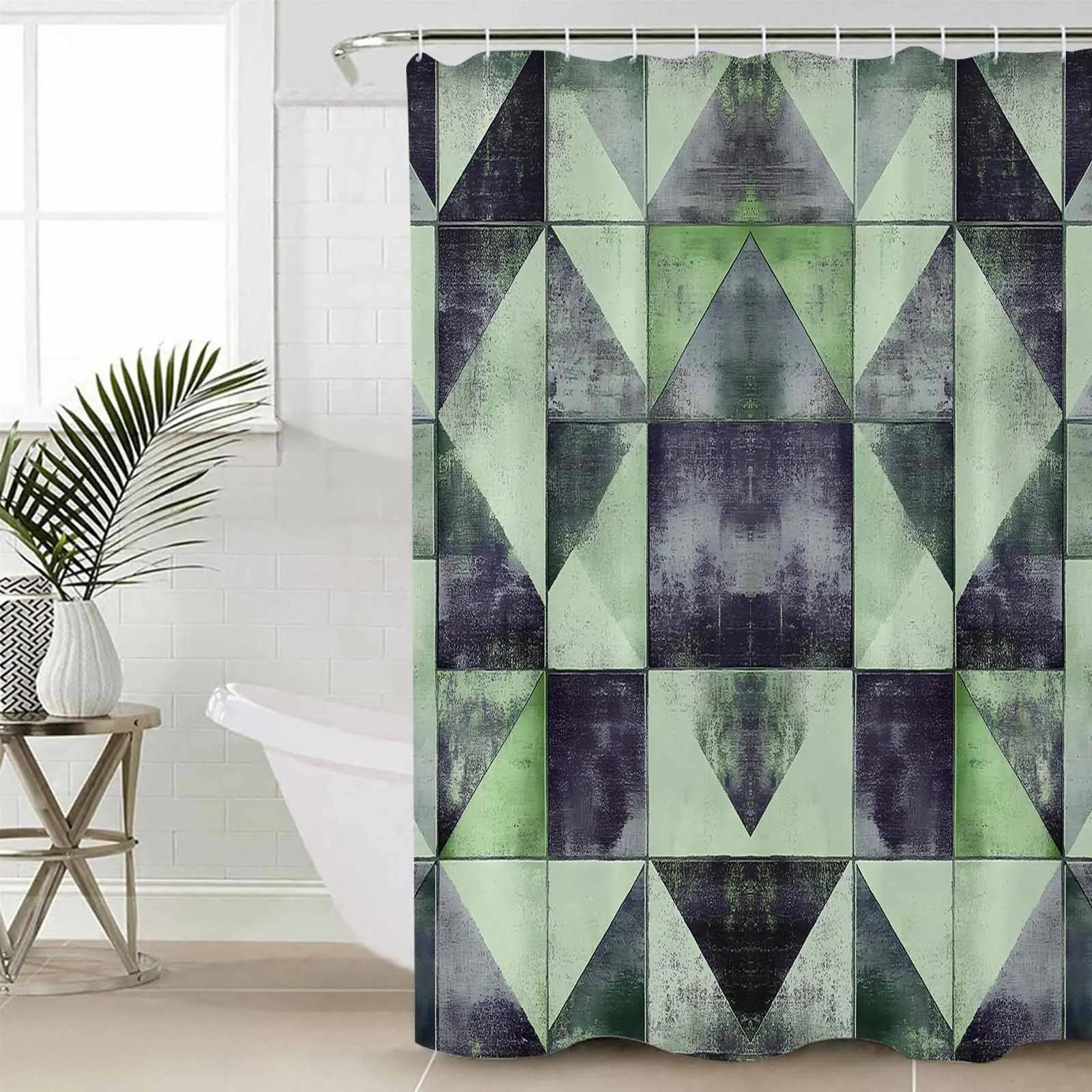 

Modernism Green Triangle Color Block Shower Curtains Waterproof Bath Curtains Home Decor Modern Luxury Bathroom Curtain W60H190(CM)-1 Pcs