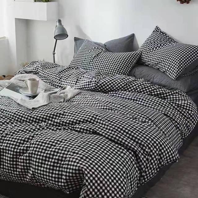 Fashion Bedding Set White Green Double Bed Linens Quilt Duvet Cover Pillowcase Queen Size Flat Sheet Classic Grid for Girl Boy