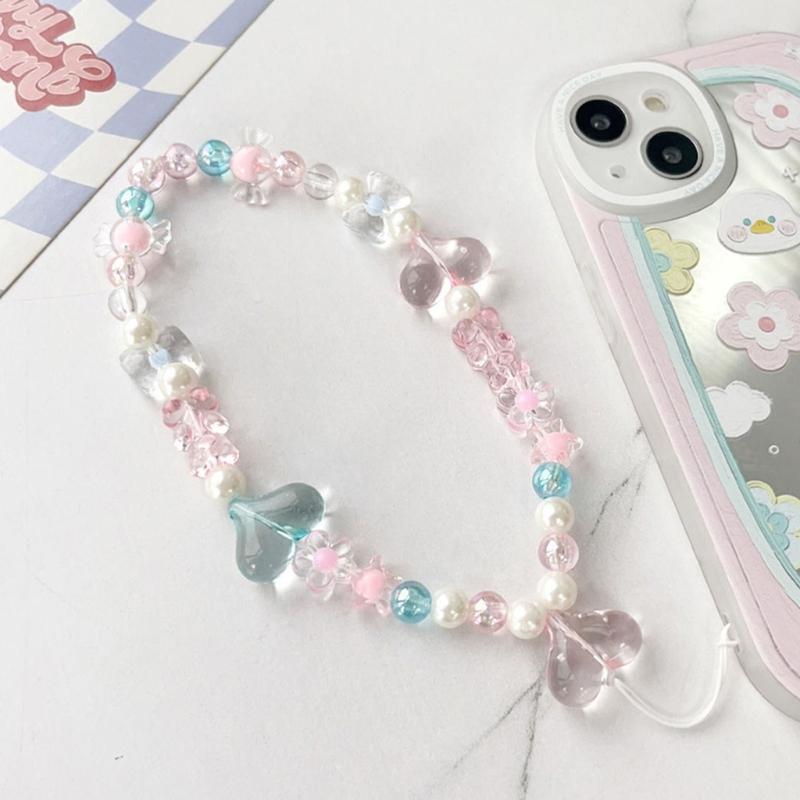 Handmade Bracelet Keychain Phone Decoration Accessories Beaded Phone Lanyard Heart Pattern Aesthetic Phone Wrist Strap