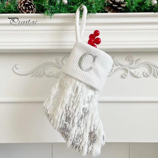 1Pc Christmas White Stocking Letter Embroidery Knitted Handmade Reusable Xmas Tree Hanging Gift Bag Stocking Pendant Party Holiday Decoration