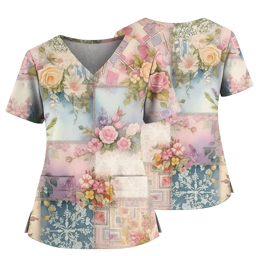 Women's Casual Printed V-Neck Pocket Side Slit Short Sleeved Top Short Sleeved Top