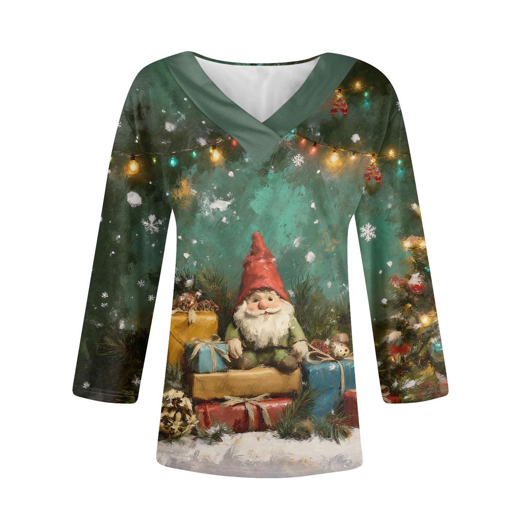 Women's Loose Comfortable Casual Fashion V-Neck Christmas Print 3/4 Sleeve Top