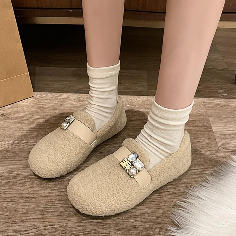 Fur Flats Women Loafers Shoes Bead Crystal Designer Casual Shoes 2025 Trend Short Plush Winter Cotton Boots Warm Botas De Mujer