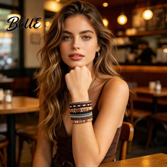 Bohemian Bracelet Braided Multi-Layered Faux Leather Rope Casual with Square