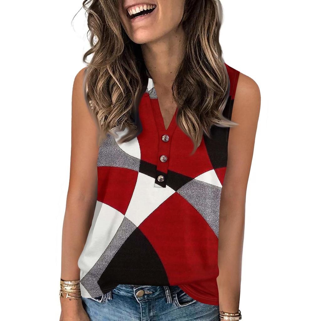 Women's Casual Fashion Summer Color Block Stitched Print Tank Top V-neck Sleeveless Button Top