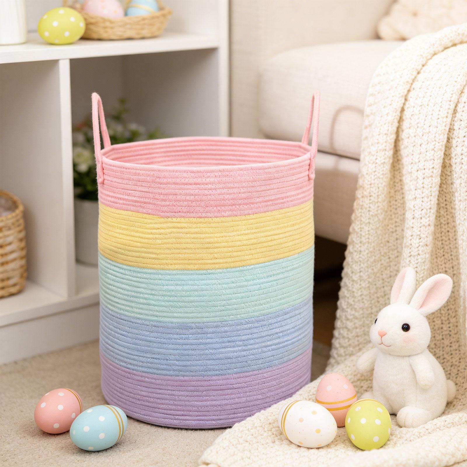 

Cotton Rope Laundry Basket Freestanding Storage Bin Spacious Woven Hamper with Handles for Clothes and Toys