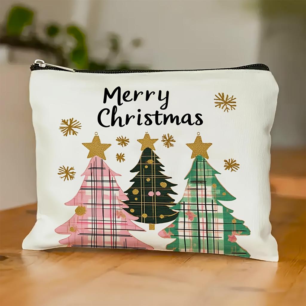 1pc Large Capacity Christmas Tree Cosmetic Bag - Durable Imitation Linen, , Scent-Free, Perfect for Travel Storage