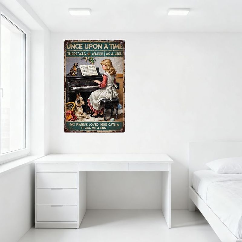 Vintage Metal Sign 'Once Upon A Time' Whimsical Girl Playing Piano with Cats Dogs Fairy Decor Retro Rusty Edge Wall Art for Home