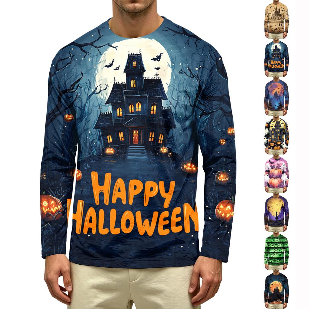 Men's Casual Long Sleeve Crew Neck T Shirt Halloween Pumpkin Ghost Print Lightweight Comfortable Fit Top