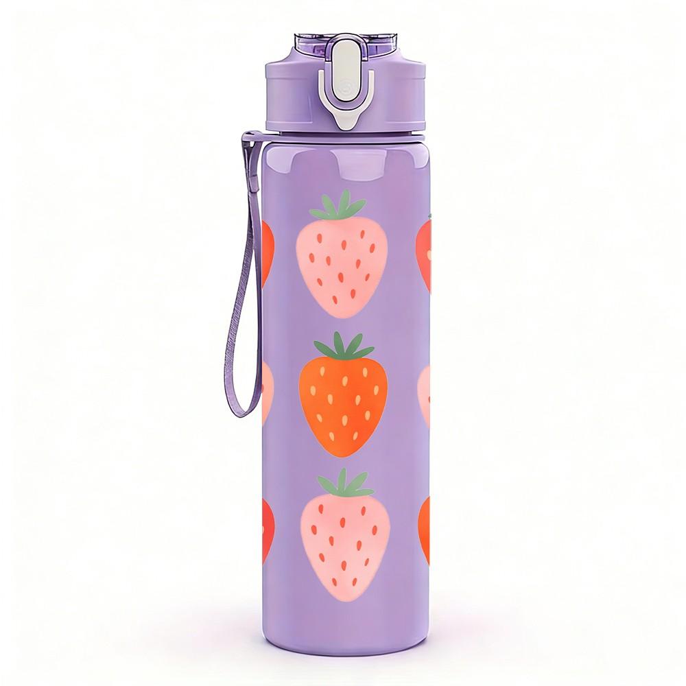 1PC Fresh Red Strawberry Fruit Cluster Print 750ml Color Plastic Sports Water Bottle Leakproof Flip Straw Lid Suitable for Sports Office Home Use