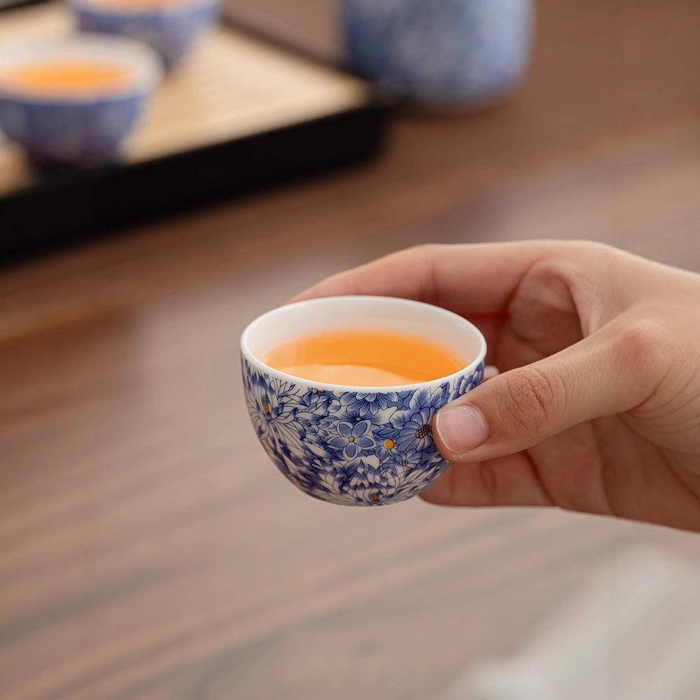 Suet jade flowering kung fu tea set ceramic teapot cover bowl Chinese retro beam pot gift box high-end gift
