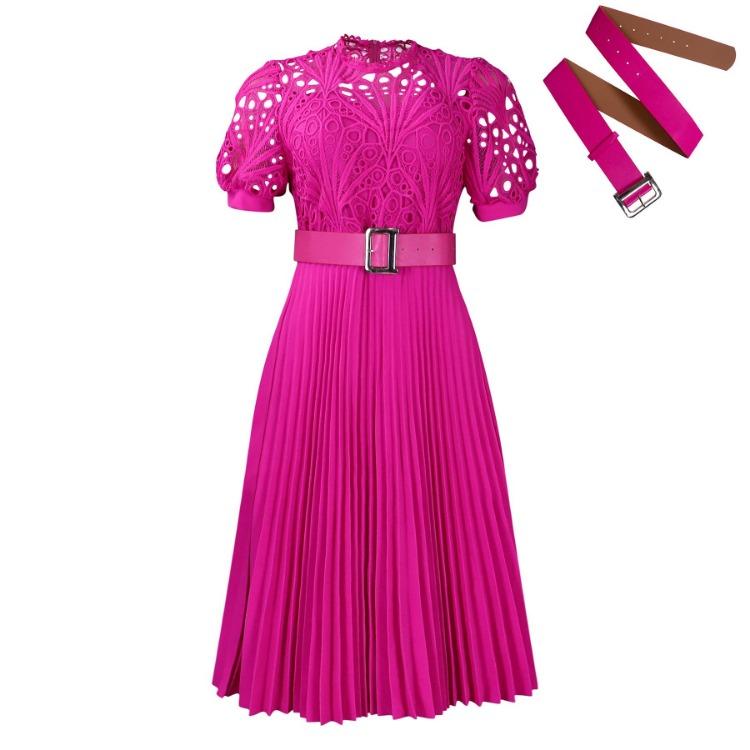 2024 European American Style Women Lace Pleated Short Sleeve Dress