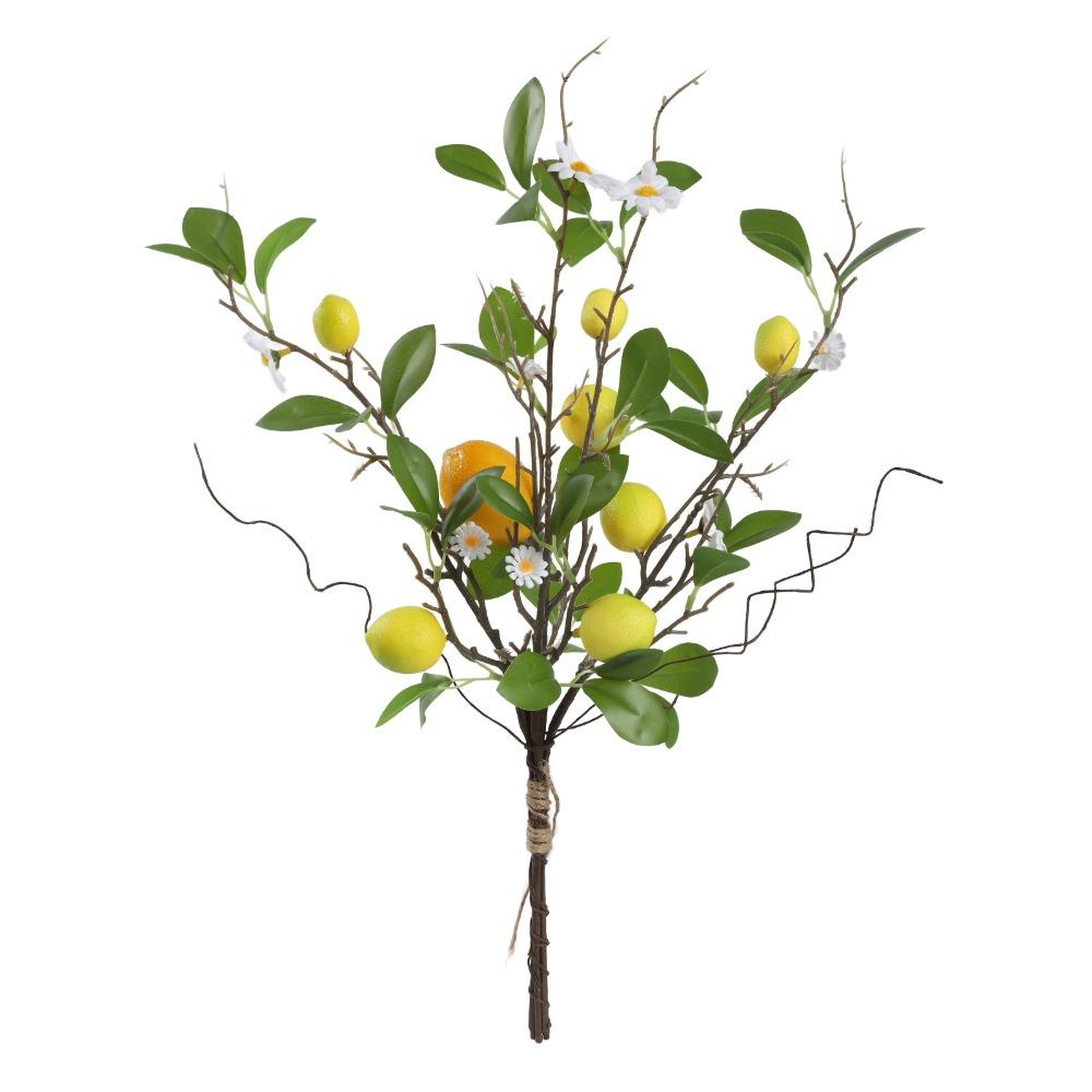 Plastic Artificial Lemon Branch Green Leaves Faux Lemon Simulated Fruit Tree with Flower Realistic Lemon Fruit Branch