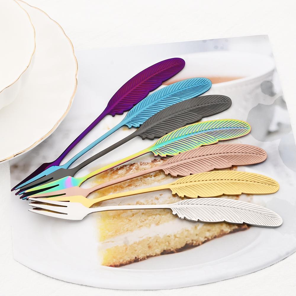 Bunte 304 Edelstahl Geschirr Gabel Kreative Feder Gabel Dessert Kuchen Obst Frok Kinder Mini Gabel Küche Besteck