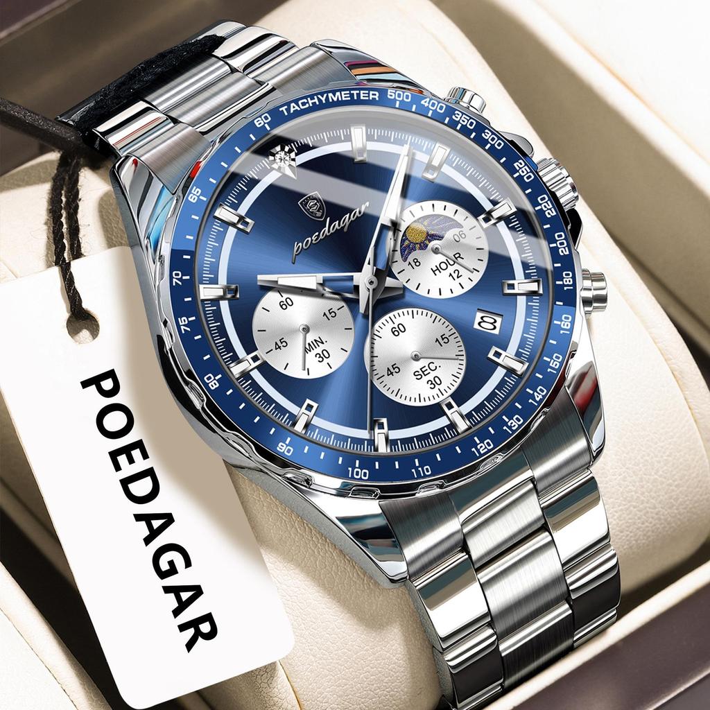 POEDAGAR Luxury Sport Watch For Men Waterproof Luminous Date Chronograph Man Wristwatch Stainless Steel Men's Quartz Watches