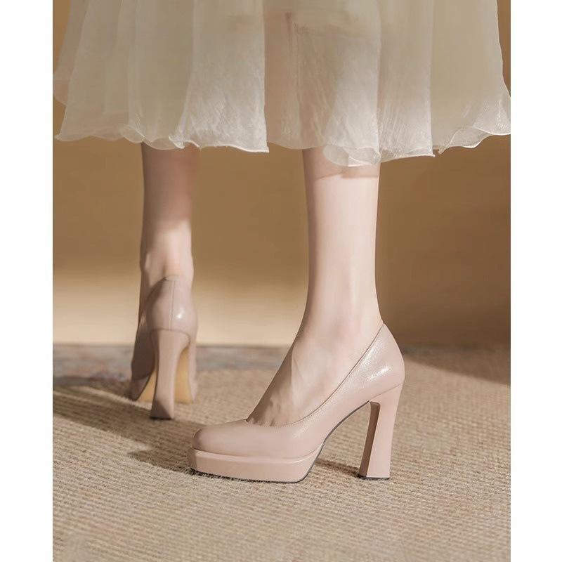 French Temperament Nude Waterproof Table High Heels Women's 2025 New Round Head Super High Heel Thick Heel Single Shoes Are Not Tired