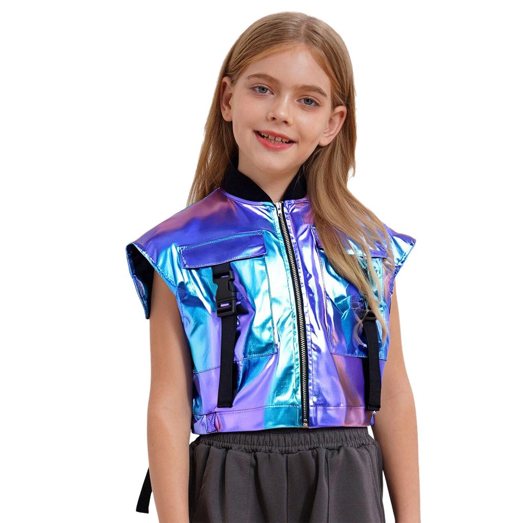 Chaleco de Jazz para Escenario para Niñas: Chaqueta Metálica con Aberturas Laterales, Bolsillos con Cremallera y Hebilla, Top de Rendimiento sin Mangas