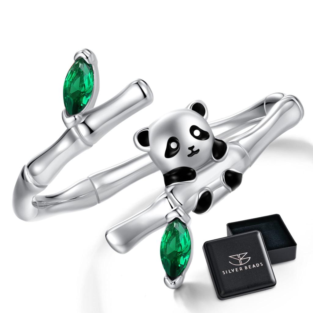Silver adjustable panda ring on bamboo, silver 925