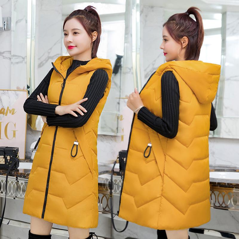 Női téli vastag pehelymellény pamut sapkával és külső viselet középhosszú mellénykabát