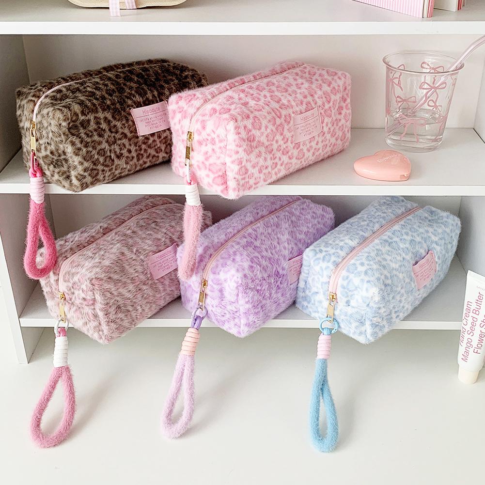 Leopard Print Plush Makeup Bags with Handle Portable Travel Cosmetic Storage Bag Toilet Bag Cute Pencil Case Fashion Handbag