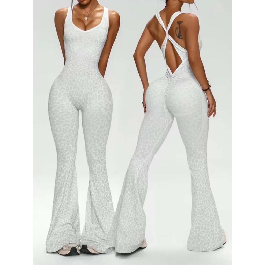 Neuer Jumpsuit mit Kreuzrücken und Leopardenmuster, ausgestellte Hosen, nahtlose Yogahose für den täglichen Gebrauch und Outdoor-Sportarten
