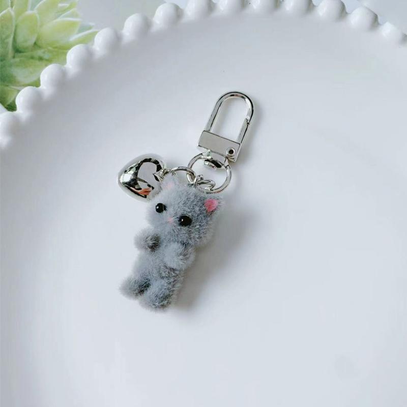 Flocking Cat Pendant Keychain Kitten Heart Shaped Key Ring Jewelry Earphone Charms Bag Decors Car Keys Holder For Couple Gift