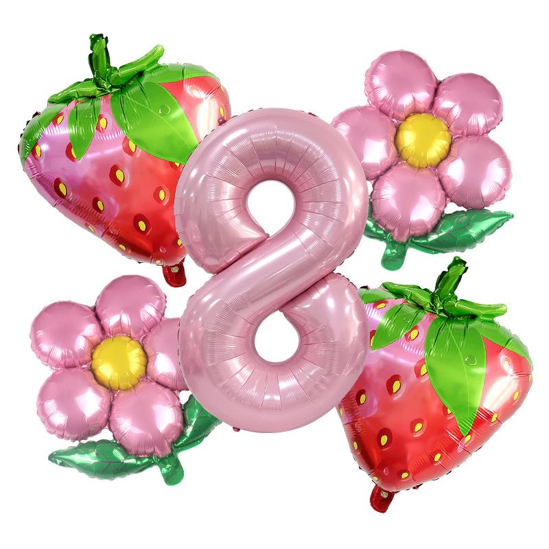 Pink Strawberry Balloon Set, Small Daisy Aluminum Film Decoration, Children'S Birthday Party Anniversary Photo Props