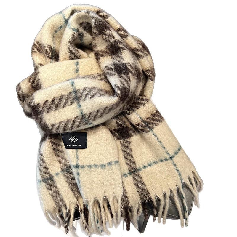Korean Version Mohair Thickened Autumn and Winter Scarf Women's Versatile Atmosphere New Plaid Lazy Wind Warm Scarf