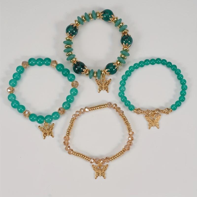 4Pcs Bohemian Butterfly Beaded Bracelets, Crystal Zinc Alloy Pendant, Ladies Daily Party Jewelry