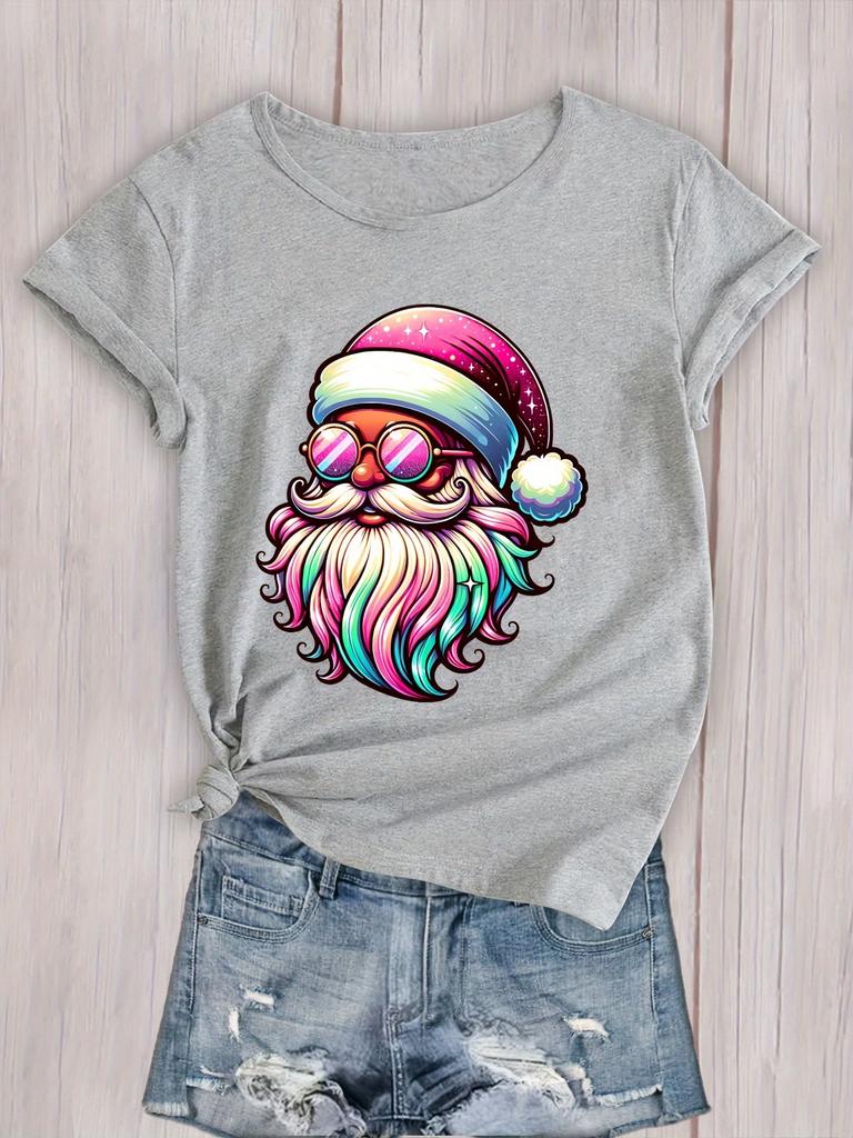 Festive Christmas Santa Claus Graphic Print T-Shirt Women's Comfortable Round Neck Casual Short Sleeve Activewear Breathable