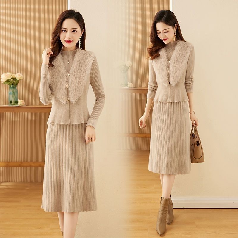 Two-piece Knitted Dress Set for Women Solid Color Long-sleeved Sweater Casual Pullover Warm Pullover Dress Knitwear