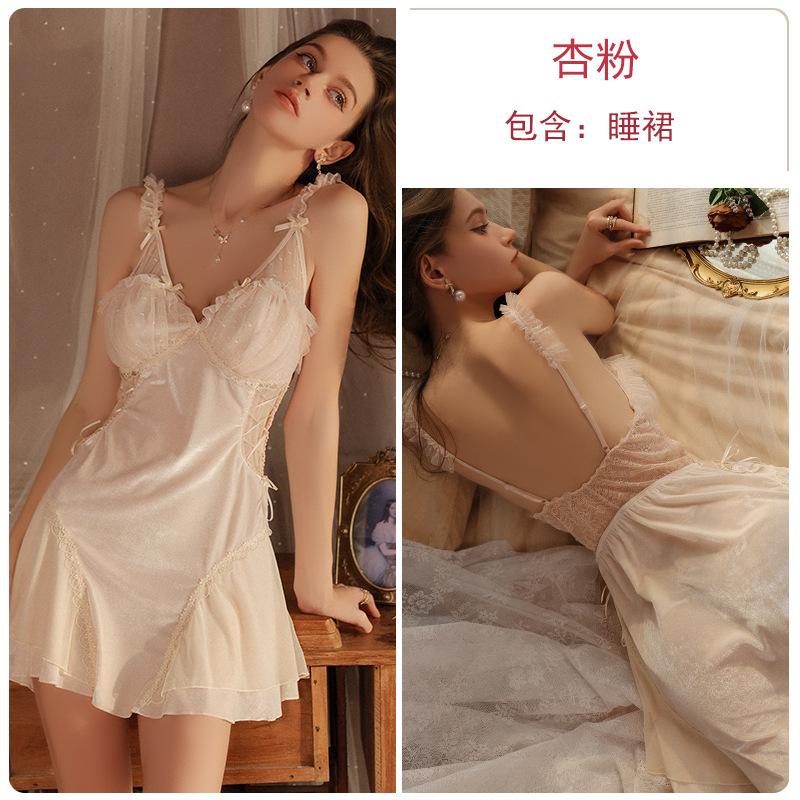 Sexy Deep V Plus Chest Pad Waist Strap Mesh Lace Splicing Velvet Nightdress Robe Loungewear