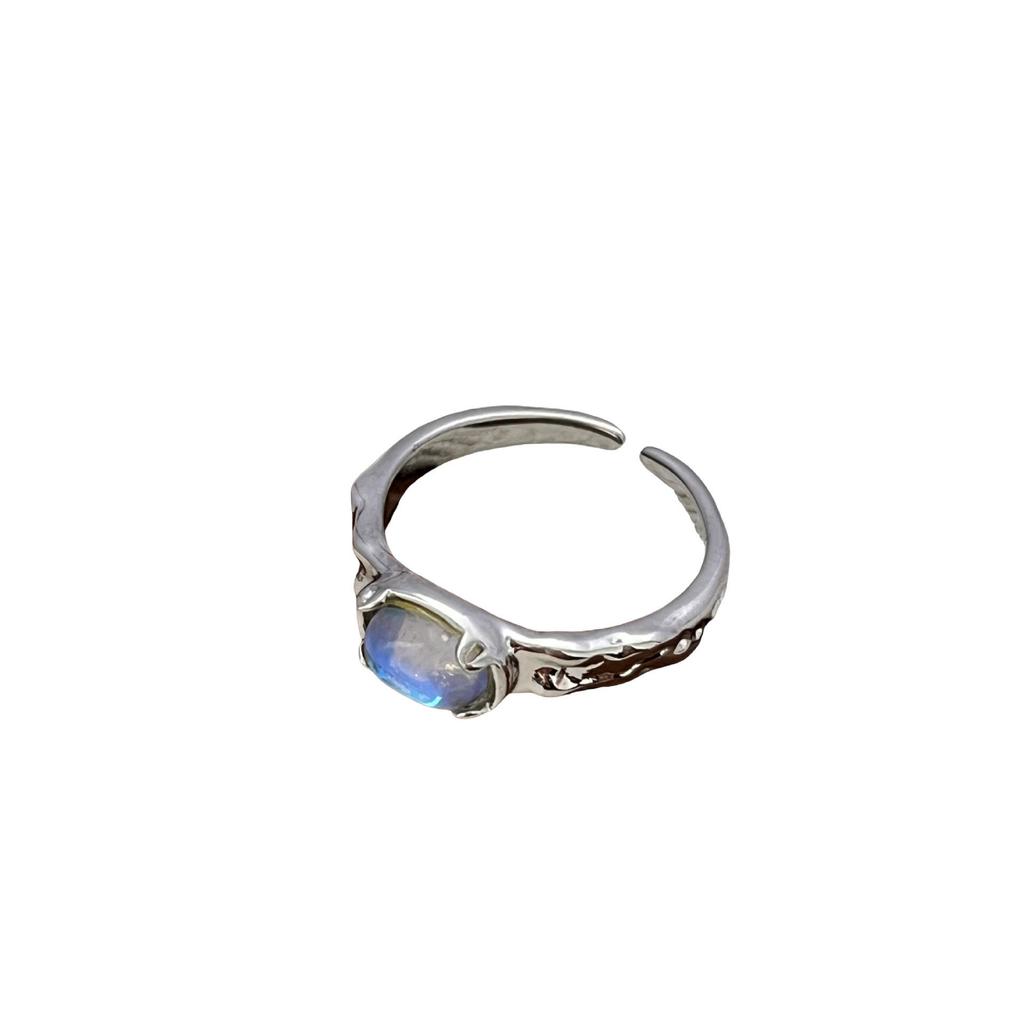 Blue & White Iridescent Moonstone Ring with Hammered Texture - Trendy Niche Design