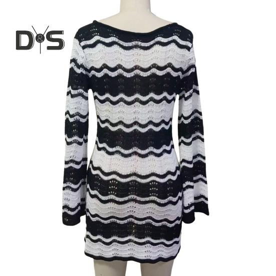 Women's Swimwear Cover-Up Striped Crochet Hollow Out Mesh Beach Dress V-Neck Tie Front Long Sleeve Summer Bathing Suit for Beach Vacation