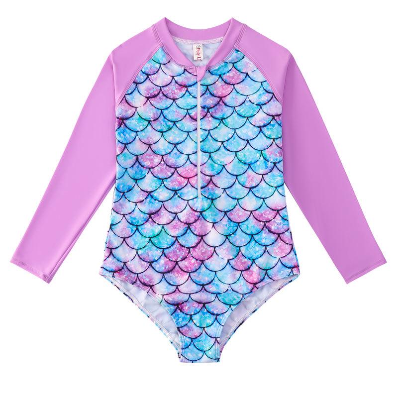 Girls' Long-Sleeve Mermaid One-Piece Swimsuit - Quick-Dry, Sun Protection