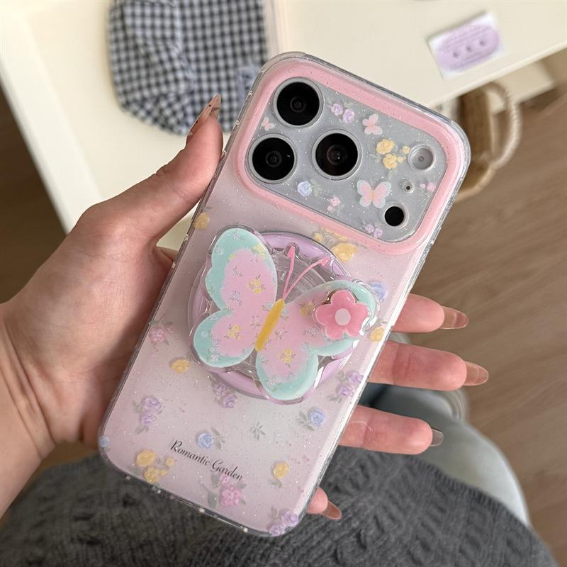 Colorful Floral Butterfly Magnetic Stand Case for iPhone 14/15/16 Pro Max - Girly Design