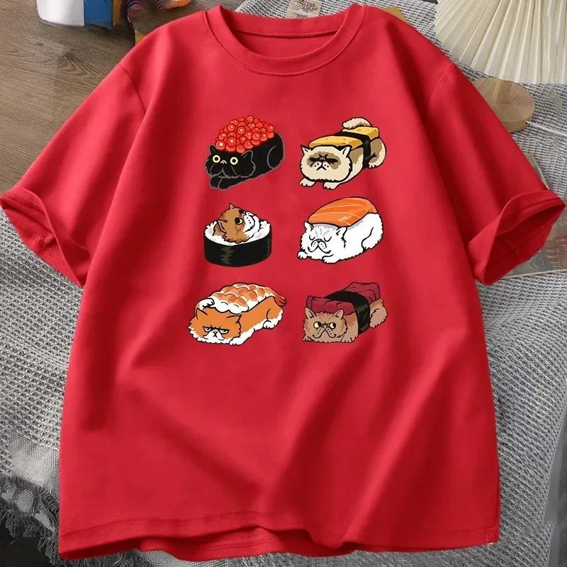 T-shirt Kawaii Chat Mignon Sushi Femme Y2k T-shirt Été Manches Courtes T-shirt Impression Cartoon T-shirts Vêtements Femme