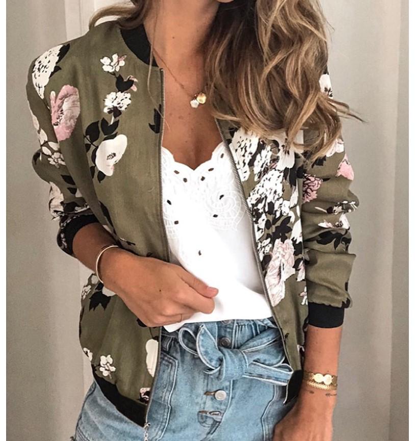 Women's Autumn/Winter Fashion Printed Round Neck Zipper Long Sleeve Jacket (2020)