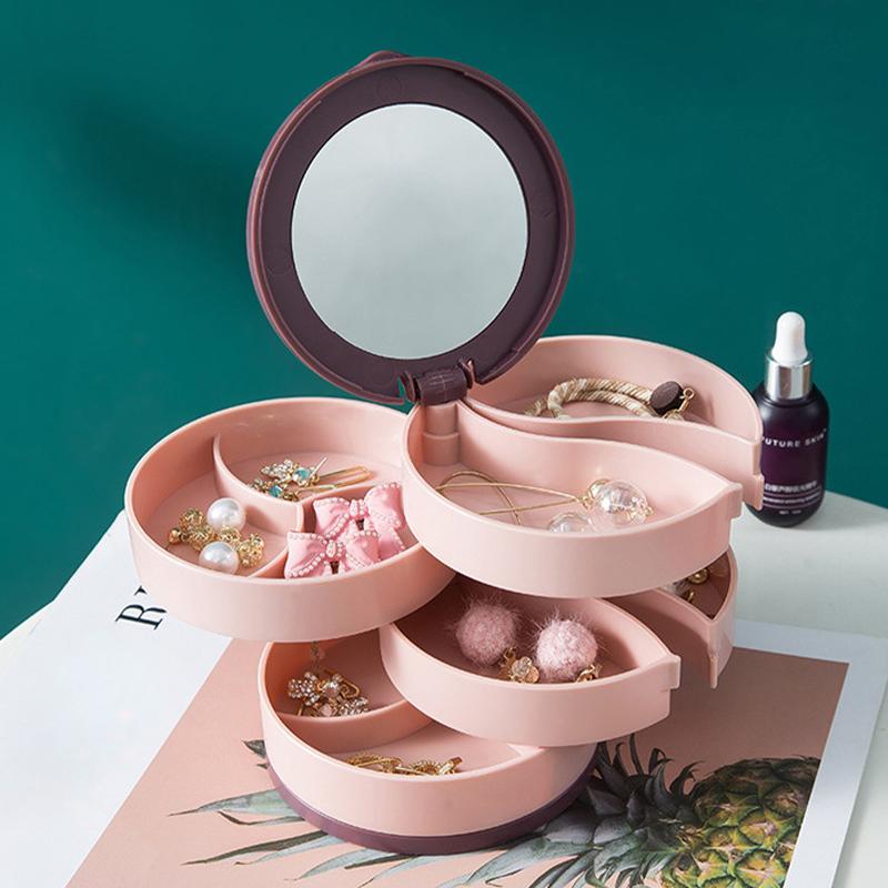 

1Pc Jewelry Stand Holder Display Tray Multilayer Rotating Jewelry Storage Box With Mirror Plastic Makeup Box рожевий