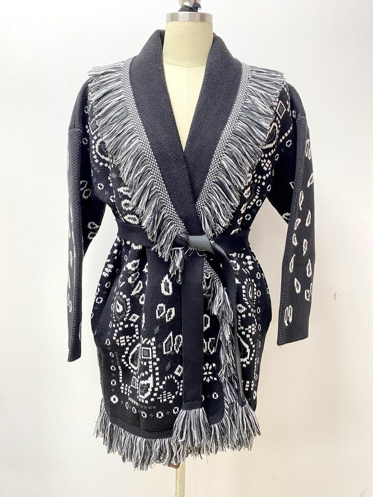 European & American Thick Knit Tassel Cardigan - Autumn/Winter Medium-Long Loose Jacquard Wool Sweater Coat