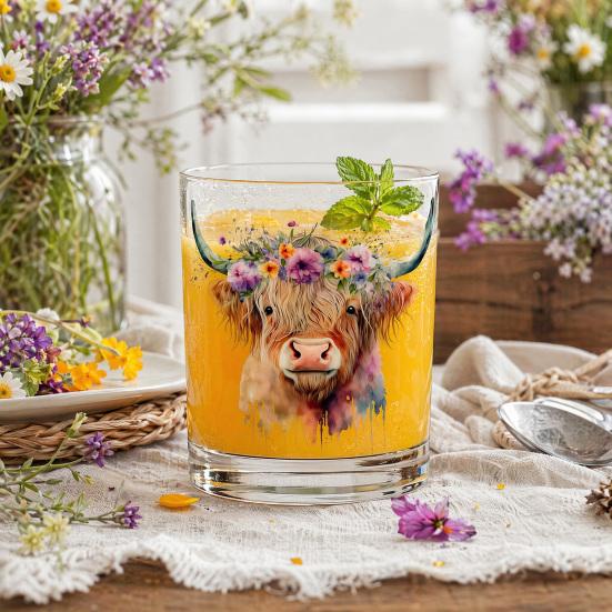 Bicchiere in Vetro Mucca delle Highlands, Bicchiere Termico Acquerello Floreale Dipinto a Mano, Tazza Trasparente per Latte Caffè Whiskey, Regalo per Amanti degli Animali