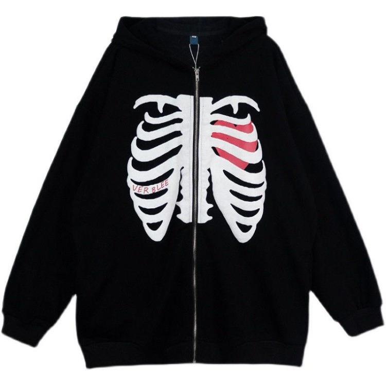Y2K Gothic Women Oversized Hoodie Skull Print Street Fashion Loose Zipper Sweatshirt Hip Hop Harajuku Trend