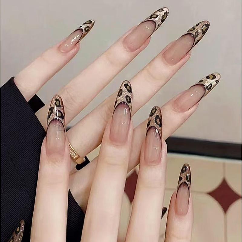 BEPAN 24pcs French Cat Eye Leopard Print Press on Nails Simple Short Nails Full Cover Wearable False Nails