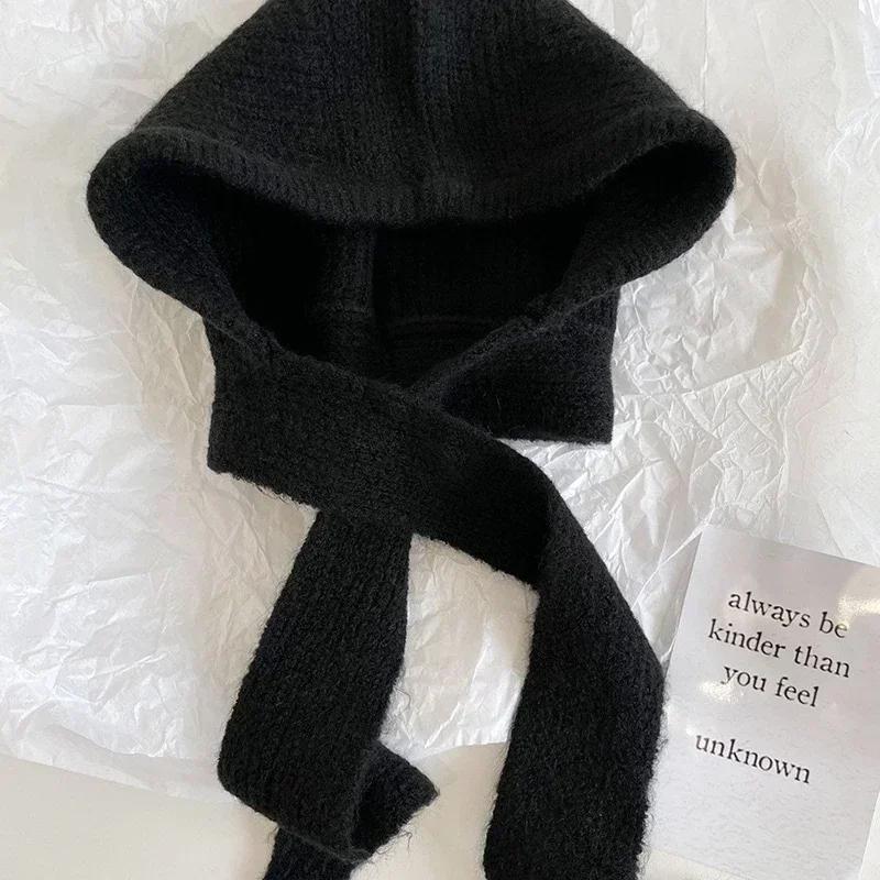 Korea Cute Women's Knitted Hood Scarf Little Red Hat Warm Ear Protection Cold Windproof Cap Winter Fashion Woolen Pullover Hat