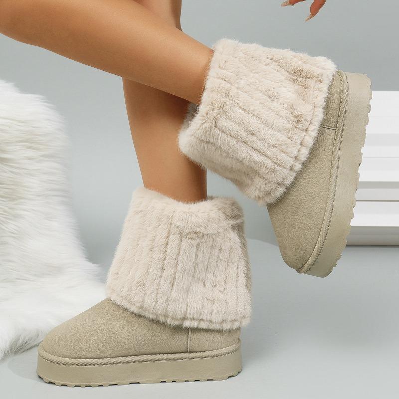 New large size round head flip fluffy short snow boots women's thick-soled warm and piled thickened cotton shoes