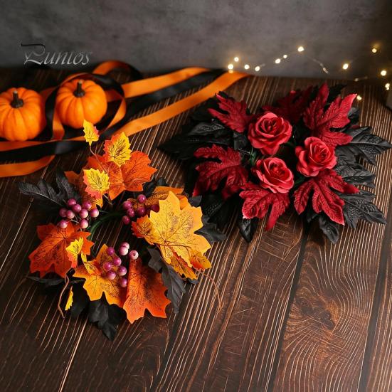 Home Party Supplies Halloween Floral Candle Ring, Artificial Maple Rose Wreath for Festive Atmosphere Decorations Holder, Spooky Table Centerpiece