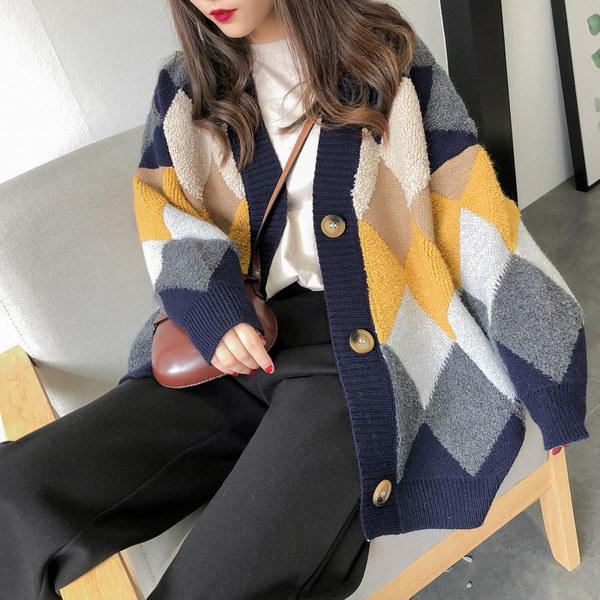2025 Autumn/Winter Women's Korean-Style Argyle Knit Cardigan - Long Sleeve, Casual, Loose Fit