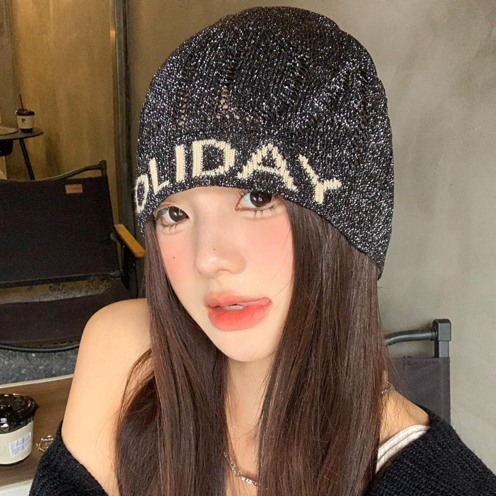 Vintage Letter Beanie Hat Cool Knitted Pullover Hat Fashion Sequin Knitted Hat Streetwear