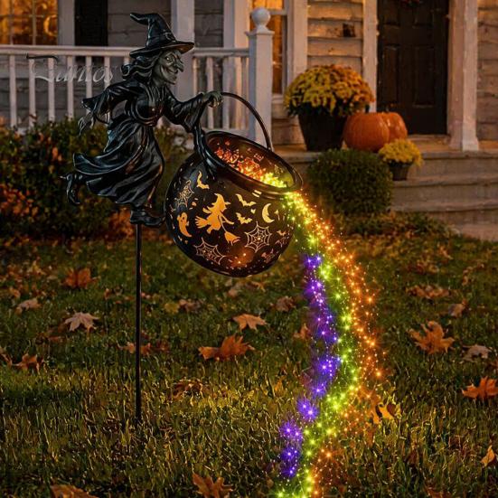 Outdoor Halloween Decorations Witch Cauldron Garden Light, Metal Yard Stake with LED String Pathway Lights Lights, Waterproof Pot Statue for Lawn Path