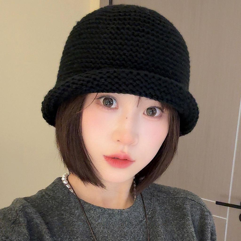 Thick Knitted Curled Edge Fisherman Hat Women's Autumn and Winter Wool Blend Plain Woolen Hat Warm Ear Protection Cold Hat